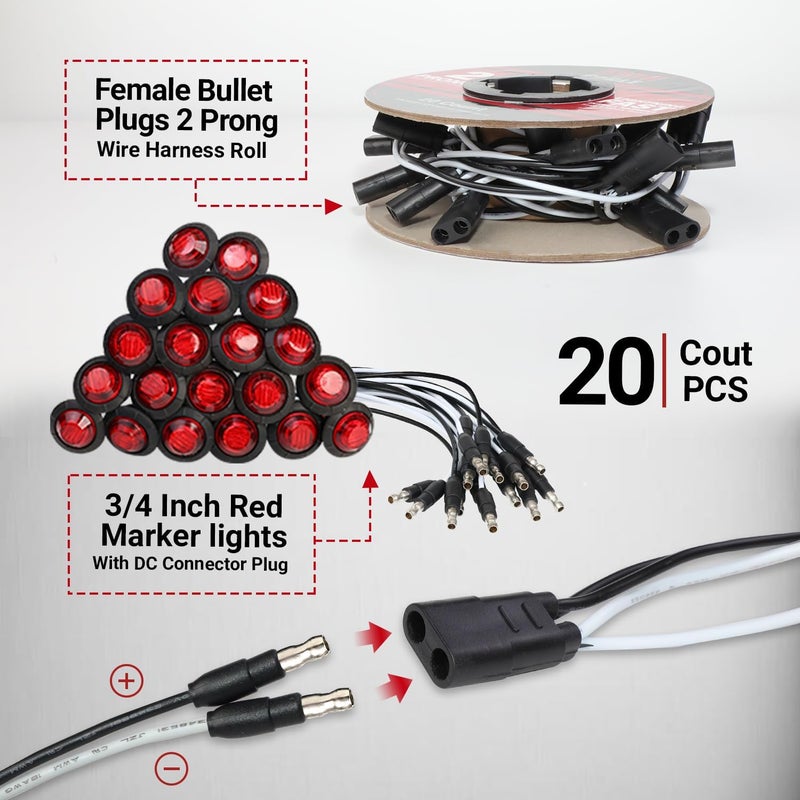 TMH 20 Pcs of 3/4 Inch Side Marker Red Lights with Connector Plug + 2 Pin Continuous Wire Harness, Plug and Play Hassle-Free Installation for Truck Trailer RV Pickup - Image 2